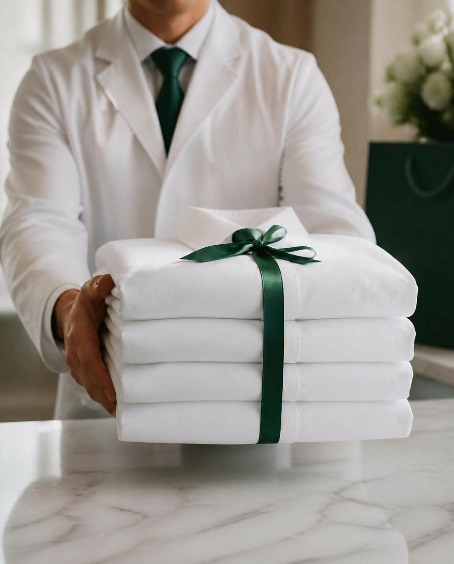 Green Star concierge presenting freshly folded white shirts tied with an emerald ribbon